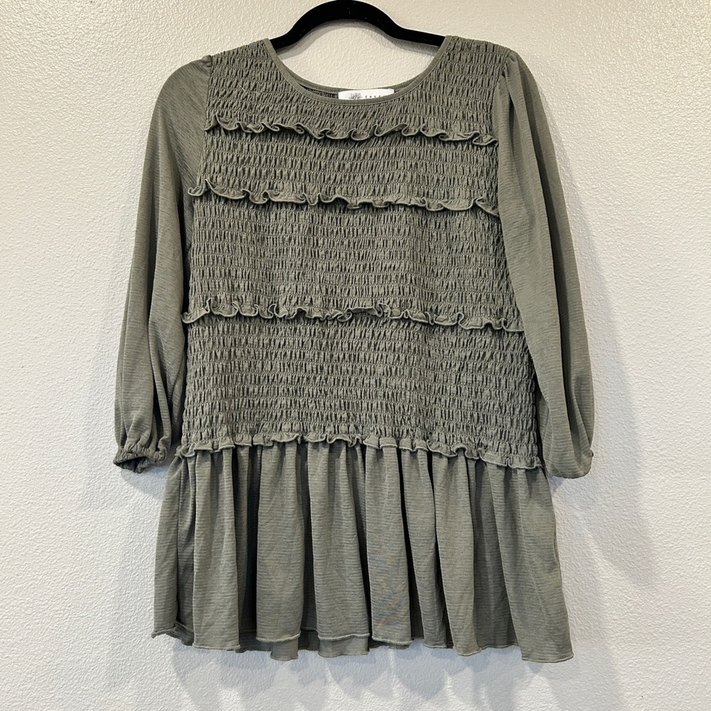 Fever Ruffled Smocked Tiered Long Sleeve Tunic Top‎ Green Women's Size L